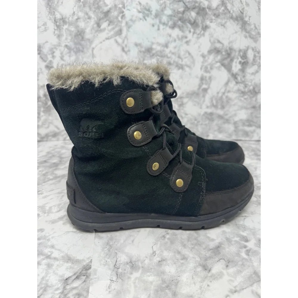 Sorel Whitney 🖤Short Lace Black Suede Faux Fur Waterproof Winter‎ Boots